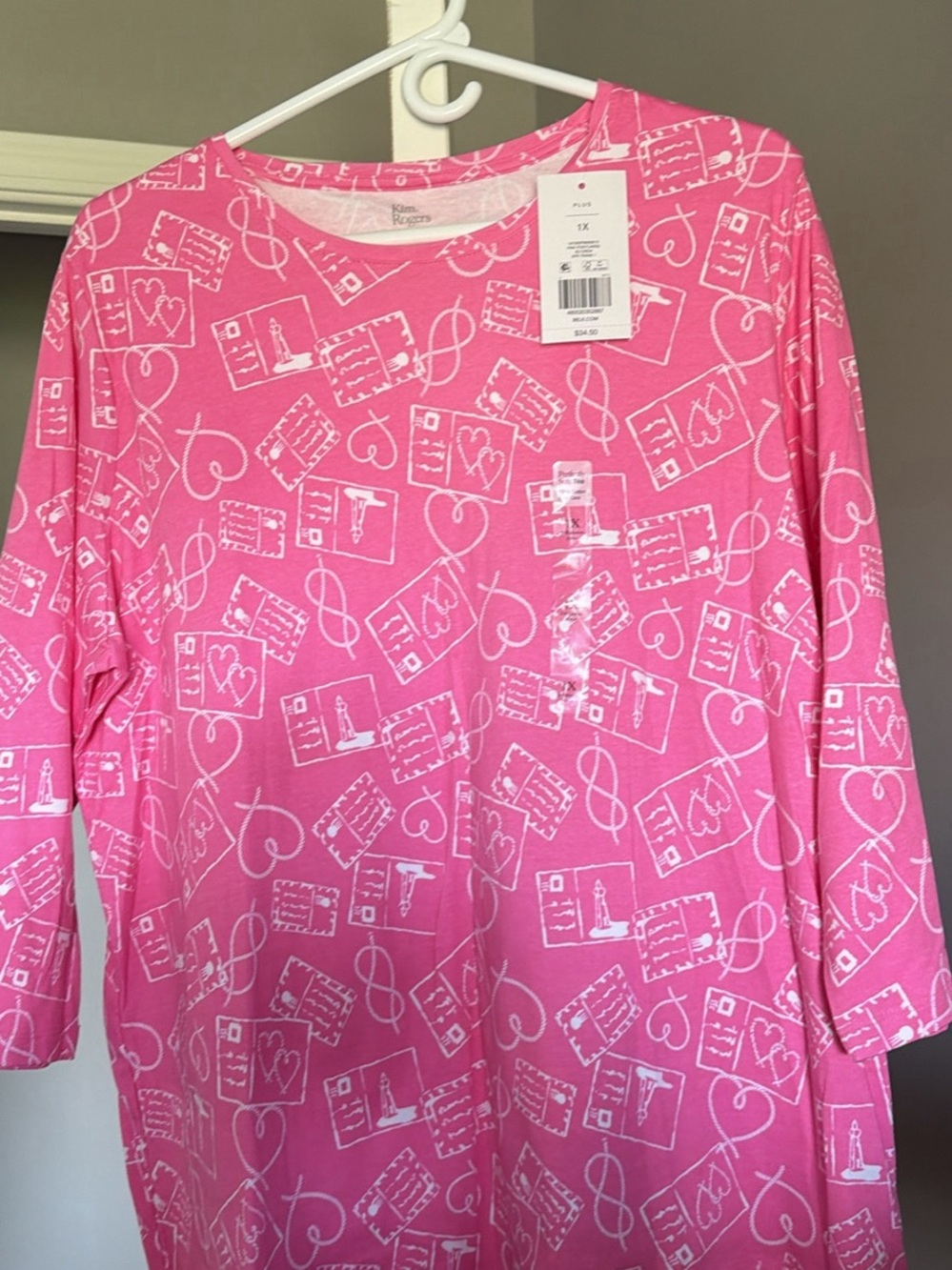 Kim Rogers Pink Long-Sleeve Top with White Postcard & Heart Print